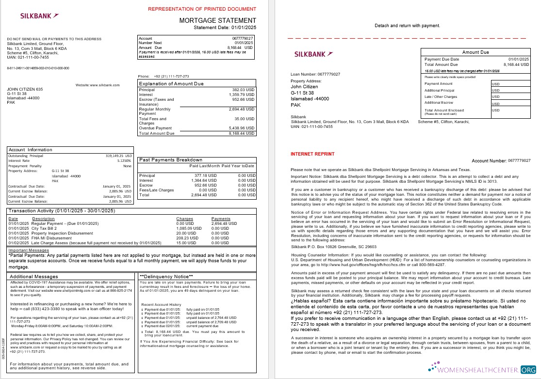 Download Pakistan Silkbank mortgage statement in Word and PDF formats, 3 pages 1 2 Photoshop template
